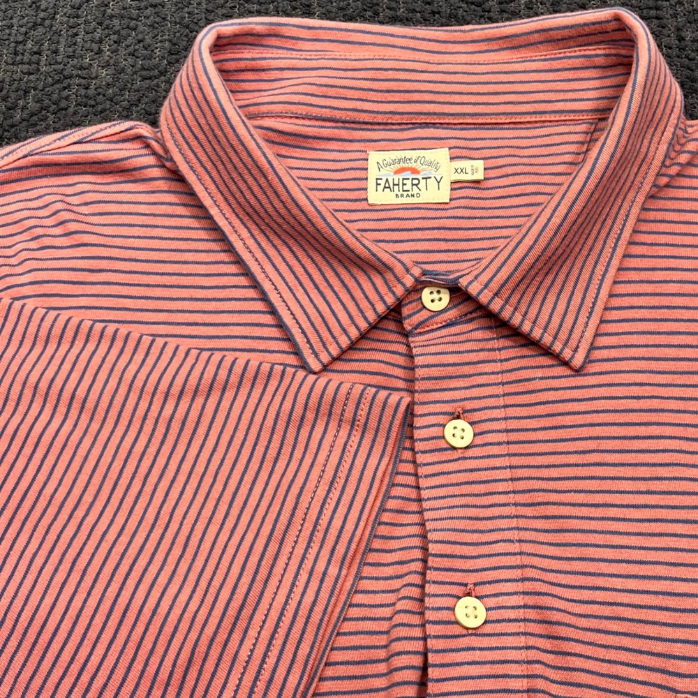 Faherty Brand Men XXL Pink Navy Striped Short Sleeve Cotton Polo Shirt Pocket
